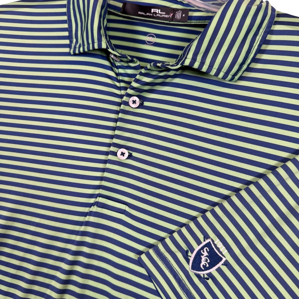 RLX Ralph Lauren Golf Polo Shirt Mens Medium Striped Performance Blue Green